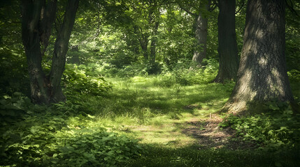 Fototapeta premium Sunlight Filtering Through Lush Forest Path