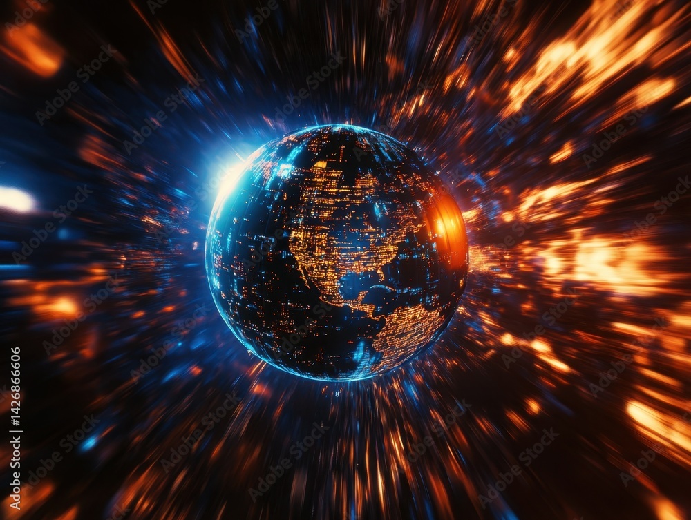 Poster digital world globe, data visualization in motion, with blue and orange colors, set against a backgr