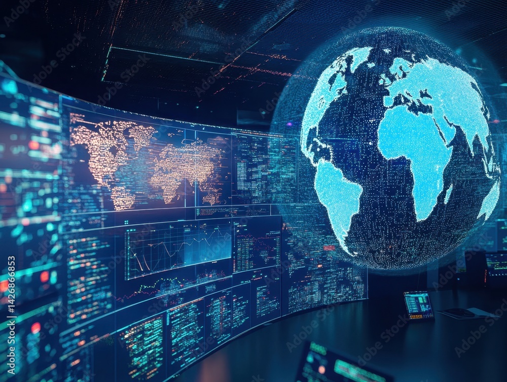 Poster a futuristic digital globe with holographic projections of global data and cybersecurity, representi