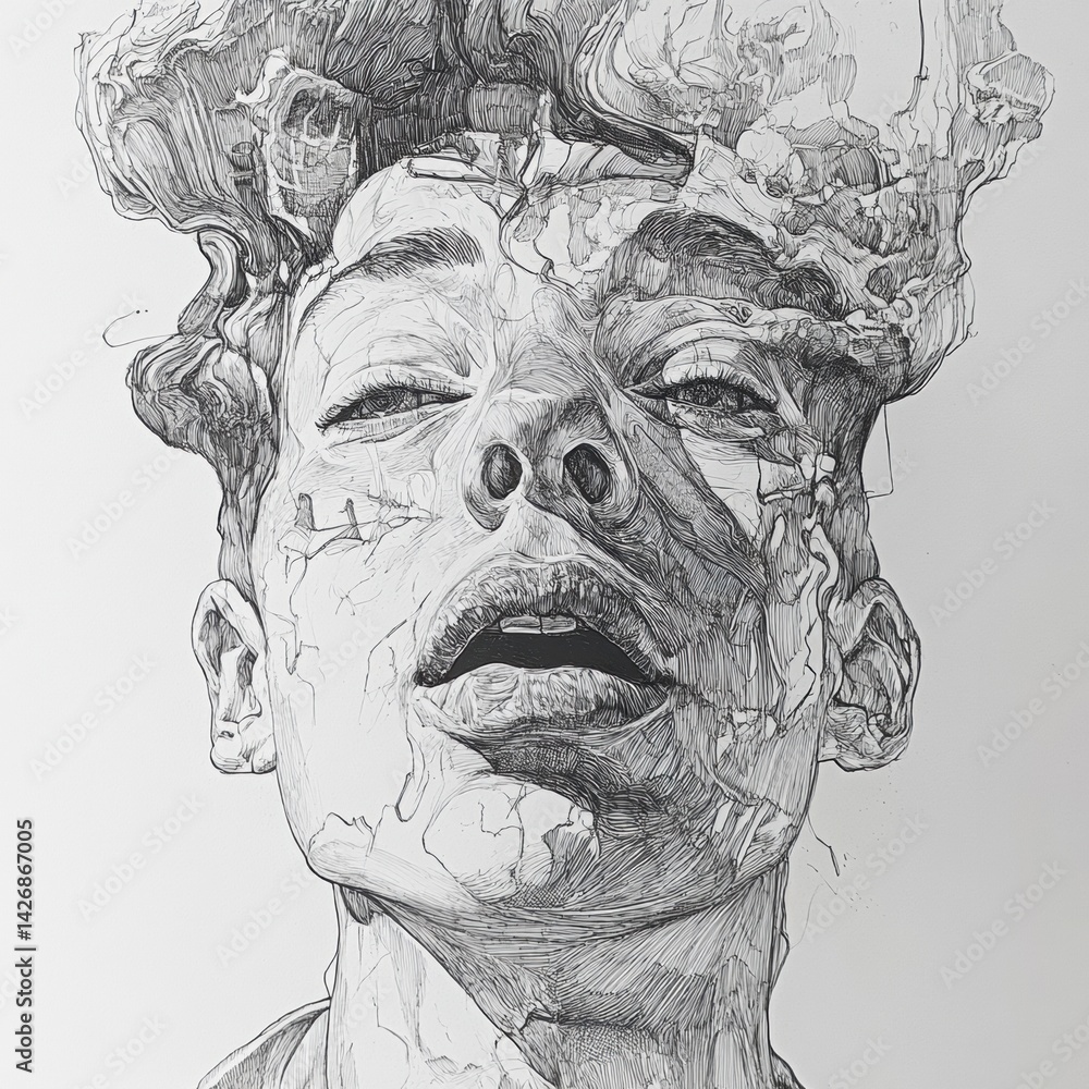 Poster artistic representation of a surreal portrait showcasing intricate line work and facial features wit