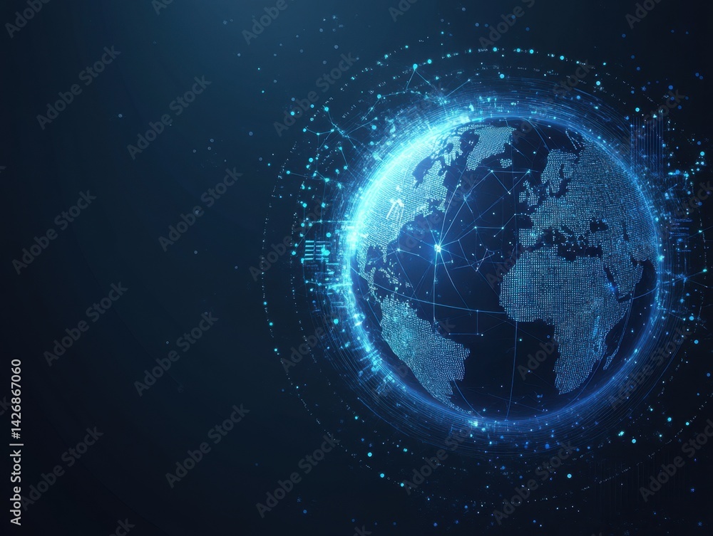 Poster abstract digital globe with data and global network concept on a dark background, in a futuristic te
