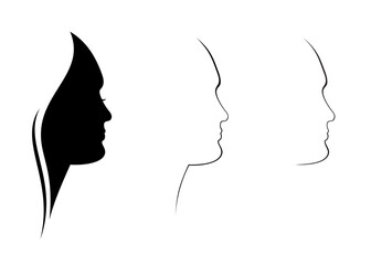 Vector set of decorative outline and silhouette female woman's head profile, isolated, illustration on white background
