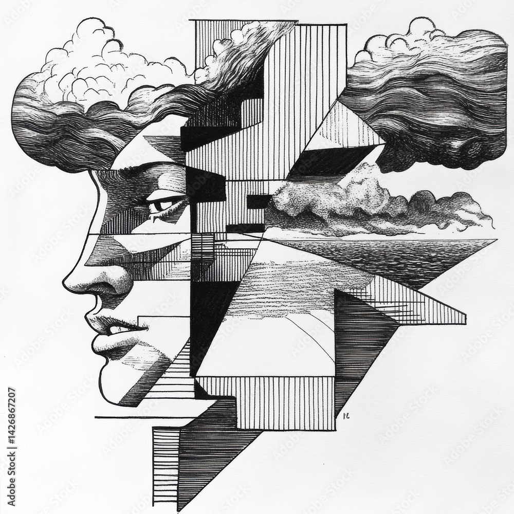Poster unique vector art composition blending geometric shapes and organic forms with a woman's face clouds