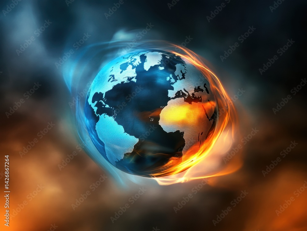 Aufkleber digital world globe, data visualization in motion, with blue and orange colors, set against a backgr