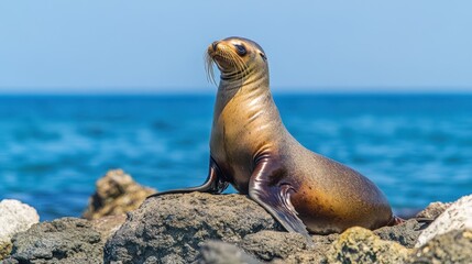 Obraz premium A serene image of a sea lion lounging on a rocky shore.