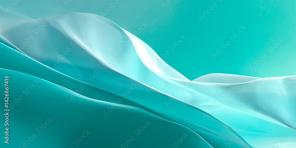 Poster smooth abstract turquoise waves resembling fabric or flowing water, creating a calm and elegant visu