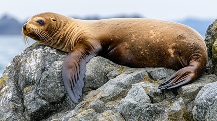 Fototapeta premium A serene image of a sea lion lounging on a rocky shore.