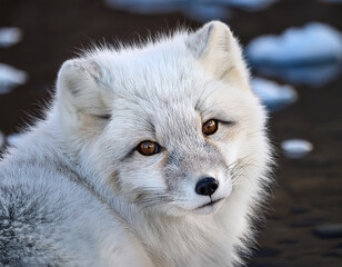 Fototapeta premium An arctic fox with thick white fur cautiously looking at the camera