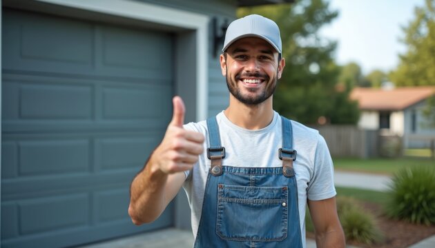 Smiling handyman gives thumbs-up gesture near residential garage. Happy worker shows approval, satisfaction with job, positive attitude. Home improvement, construction, repair service. Pro,