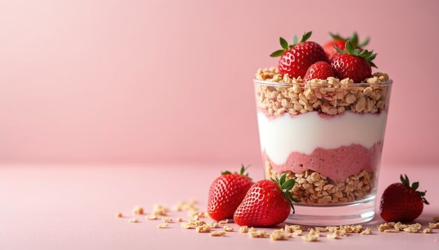 Healthy strawberry yogurt parfait with granola, fresh berries in glass. Delicious layered dessert, perfect morning breakfast. Sweet food concept with natural ingredients. Beautiful pink pastel - Powered by Adobe