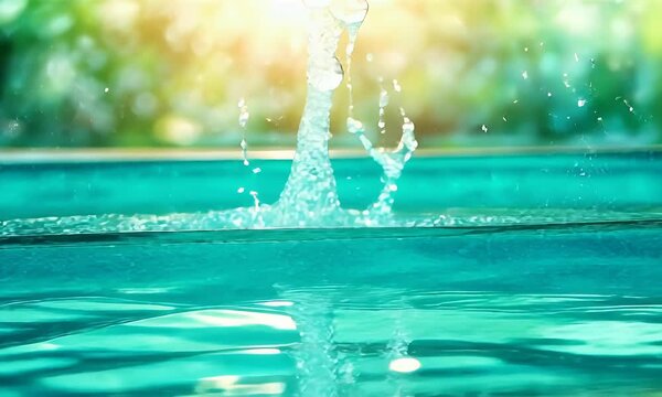 Refreshing water splash in pool with morning sunlight
