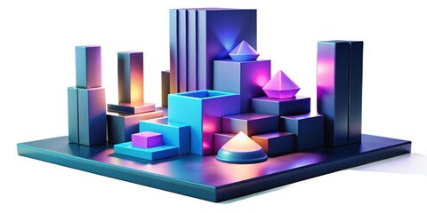 Abstract 3D scene with towering neon-colored blocks and sharp shadows