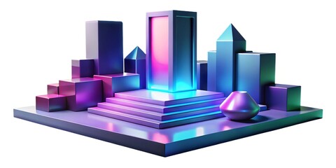Abstract 3D scene with towering neon-colored blocks and sharp shadows