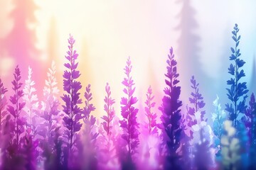 Obraz premium A vibrant and colorful digital illustration of stylized plants with gradients of purple and pink against a soft, dreamy background.