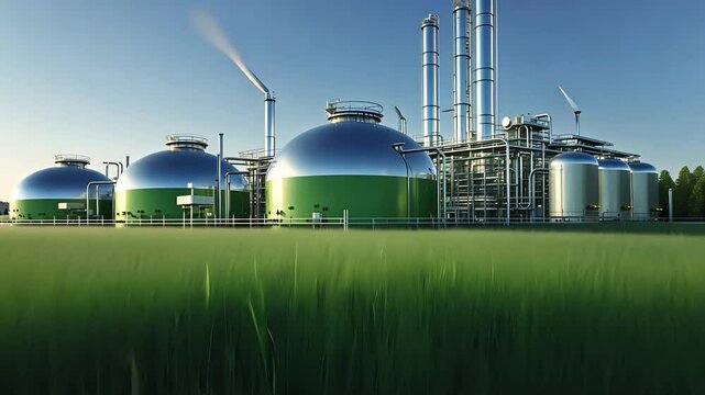 Modern green energy biogas plant with large cylindrical tanks, industrial chimneys, and pipes, surrounded by grass fields under a clear blue sky.

