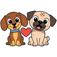 Highly Vector, cartoon illustration of A Pug puppy snuggles up to its sibling noses touching