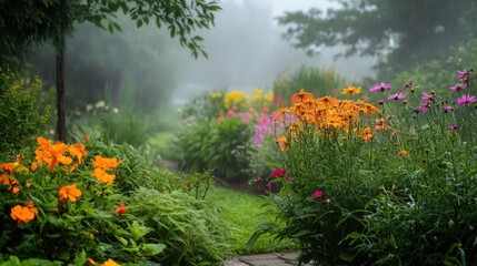 Fototapeta premium A serene morning scene showcasing a variety of beautiful flower plants bathed in soft, natural light.