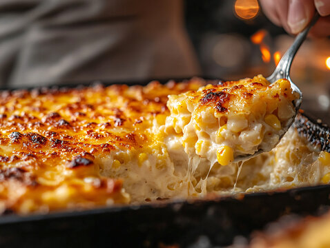 a baked dish with corn and melted cheese, being scooped with a spoon. The dish has a golden-brown crust on top, indicating it has been baked to perfection. - Powered by Adobe