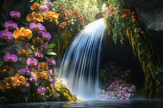 Lush orchid garden cascading waterfall scene.