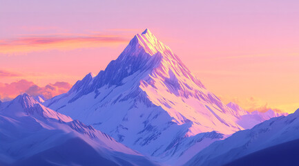 Majestic SnowCapped Mountain Peak Against Pastel Sky, Alpine Landscape, Dramatic, Winter, Cold