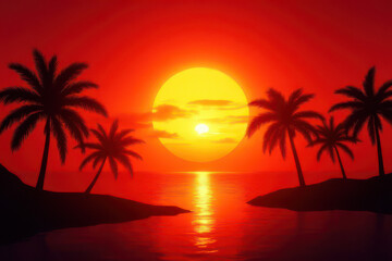 Obraz premium Tropical Evening Paradise: Vibrant Red-Orange Sunset Sky with Silhouetted Palm Trees