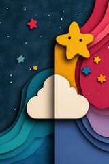 Naklejka premium Whimsical Papercut Night Sky with Stars and Clouds