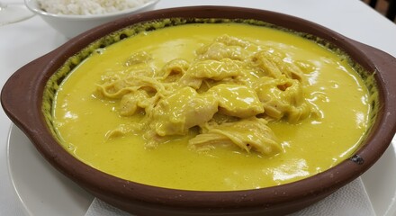Aji de gallina chicken stew with yellow pepper sauce on a restaurant table