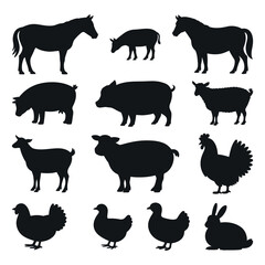 Farm Animal Silhouettes Collection Of Livestock Vector Illustration Of Horse Cow Pig Sheep Chicken Rabbit And Goat