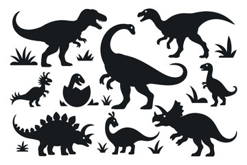Black Dinosaur Silhouettes Collection Isolated On White Background Vector Illustration Great For Kids Designs And Educational Materials