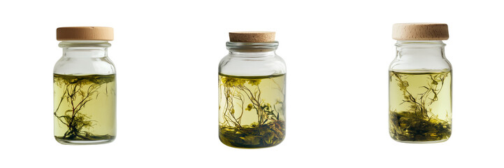 Set of A collection of vintage-style glass bottles with cork stoppers arranged on a wooden shelf on transparent png background. Ai generated