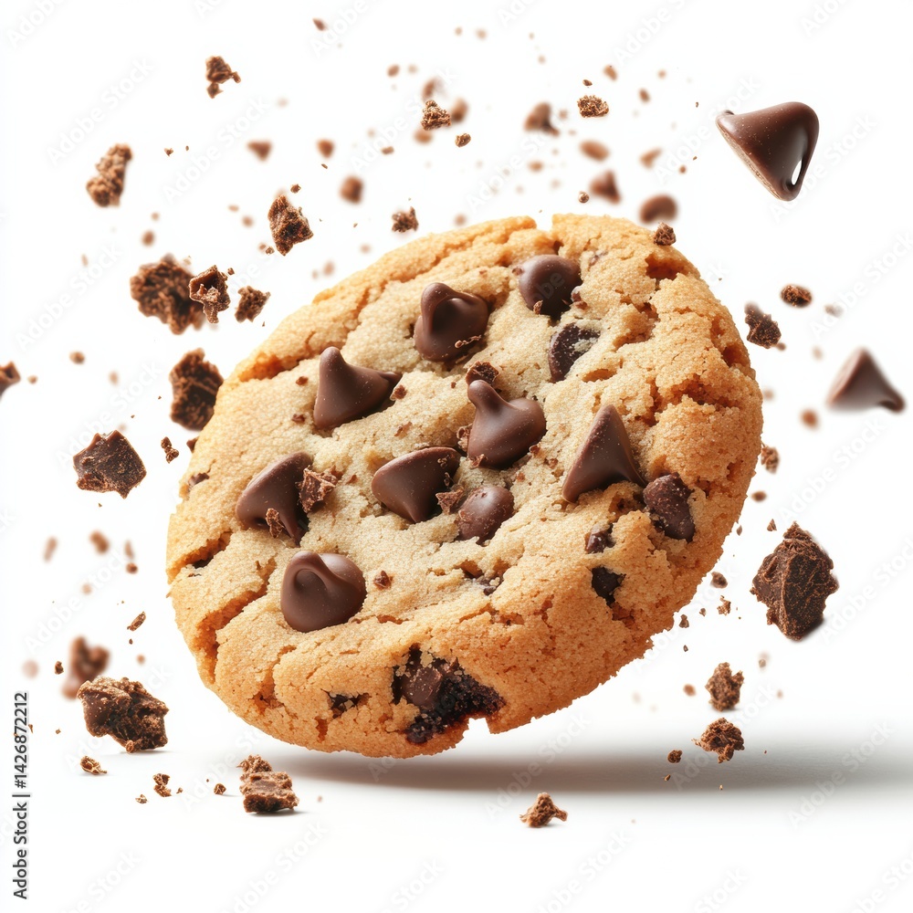 Poster chocolate chip cookie falling isolated on white background showcasing motion and texture in a vector