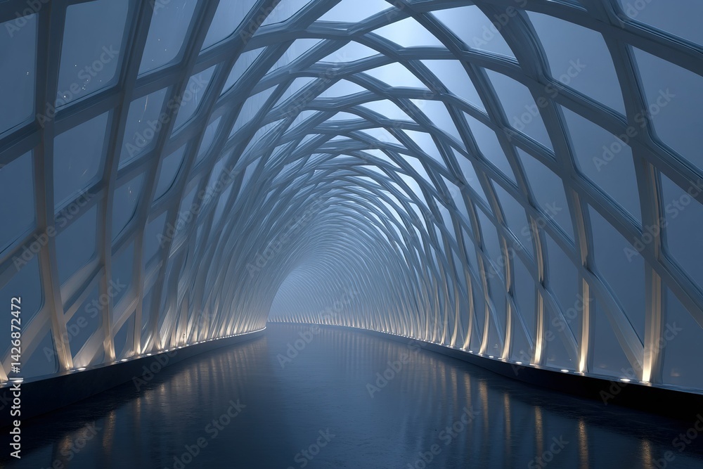 Poster modern architectural design showcases an intricate tunnel structure illuminated softly at night