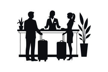 Silhouetted Travelers Arriving At Hotel Reception Desk With Luggage Checked In By Attentive Staff Member And Green Plants