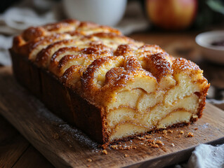 loaf of apple bread with a knife, which is placed on a wooden cutting board. The bread has a golden-brown crust and is sprinkled with cinnamon sugar.