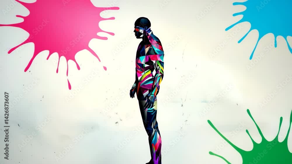 Poster Vibrant abstract art with man in front of colorful paint splashes creating a dynamic and eye-catching visual experience in the urban setting