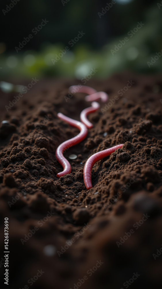 Poster an up-close view of a row of red worms crawling through soil in a field, highlighting natural agricu