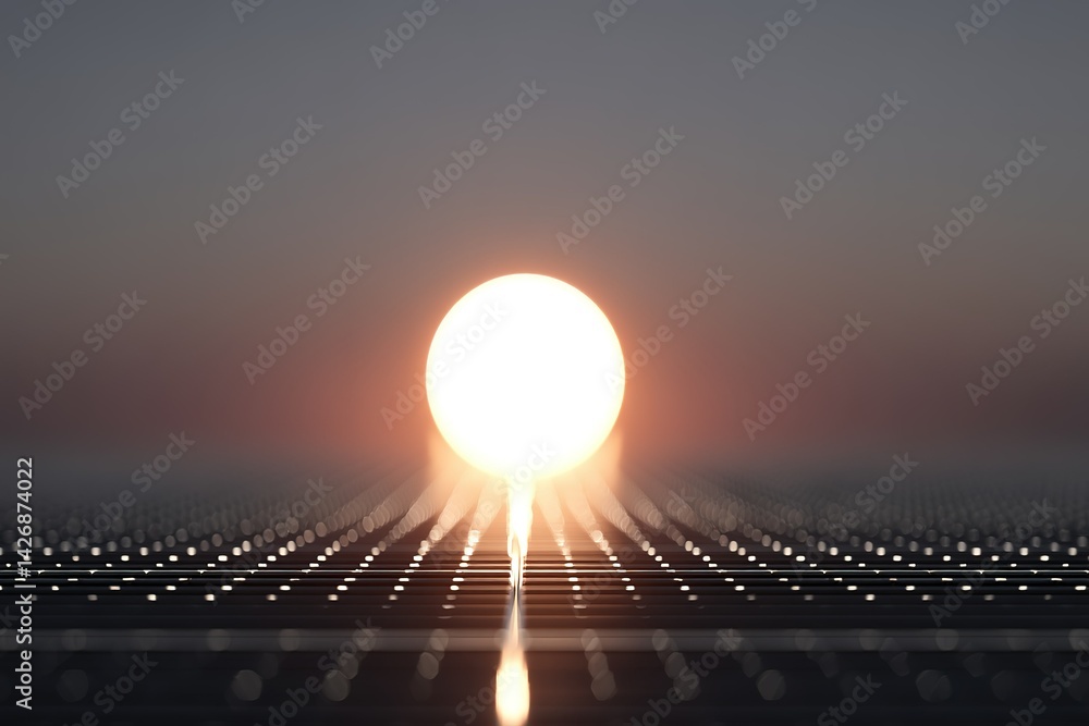 Poster sunset over a grid landscape creating a stunning visual effect of light and perspective