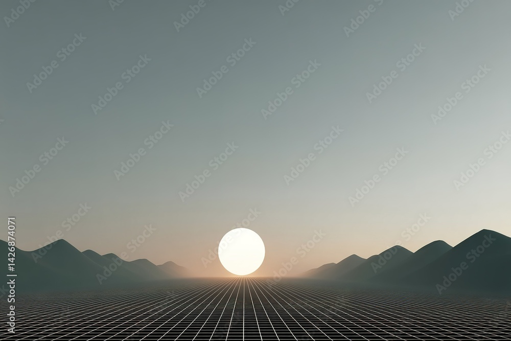Aufkleber vast digital landscape featuring a large sun setting behind distant mountains in a grid-patterned te