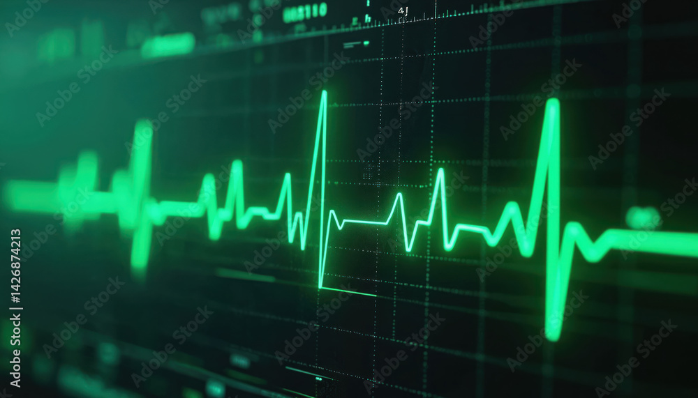 Poster close-up of digital heart rate monitor displaying vibrant green heartbeat waveform against dark back