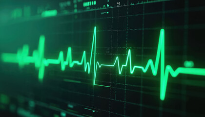 Close-up of digital heart rate monitor displaying vibrant green heartbeat waveform against dark background. Illustrates medical tech cardiogram, cardiology, health. Pulse graph monitoring patient