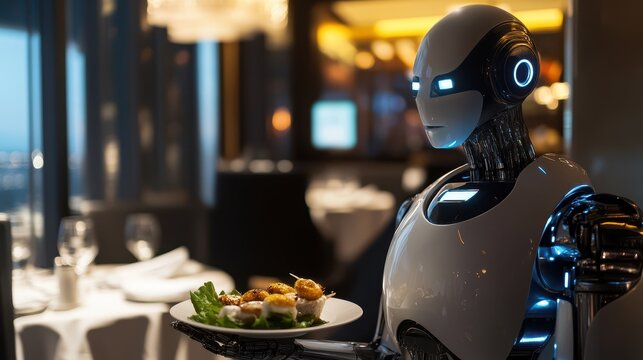 A smart robot waiter serving food in a restaurant setting.