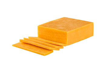 pieces of red cheddar cheese isolated on a white background.
