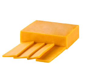 cheddar cheese cut into slices isolated on a white background.
