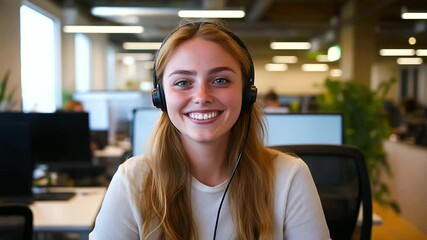 A friendly and approachable telemarketing agent smiles at the camera in an office with plenty of natural light, offering customer assistance with her headset and computer.