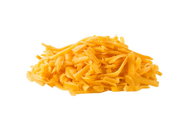 Heap of grated cheddar cheese  isolated on a white background. pile of shredded cheddar.