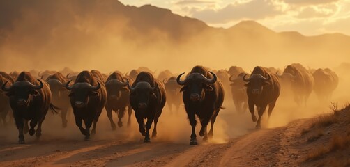 Powerful herd buffalo stampedes across barren landscape raising dust cloud. Magnificent mammals running in the wild. Horned bison running, wildlife photo, safari africa.