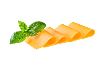 slices of tasty cheddar cheese and basil isolated on a white background.