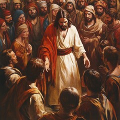 Woman reaches out to Jesus amid the crowd for healing as he offers comfort and assurance of faith in a significant moment of spiritual connection