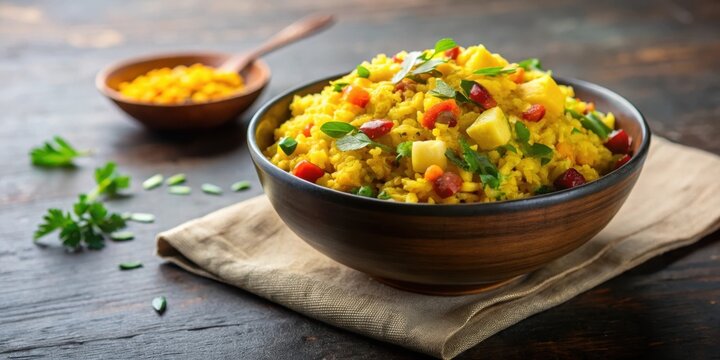 Colorful poha with kanda batata mixture, served in a small bowl , poha, rice flakes,  poha