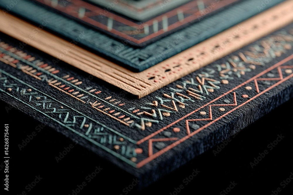 Poster intricate patterns and textures of handcrafted textiles displayed in a contemporary setting